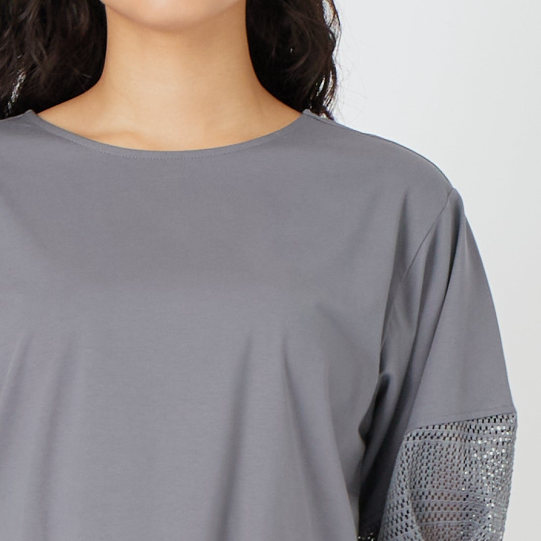 Jf Ready Made [ジェイエフレディメイド] 袖レース切替シルケットTシャツ [3211104] 802 ﾁｬｺｰﾙ &&モデル身長：162cm 着用サイズ：F&&