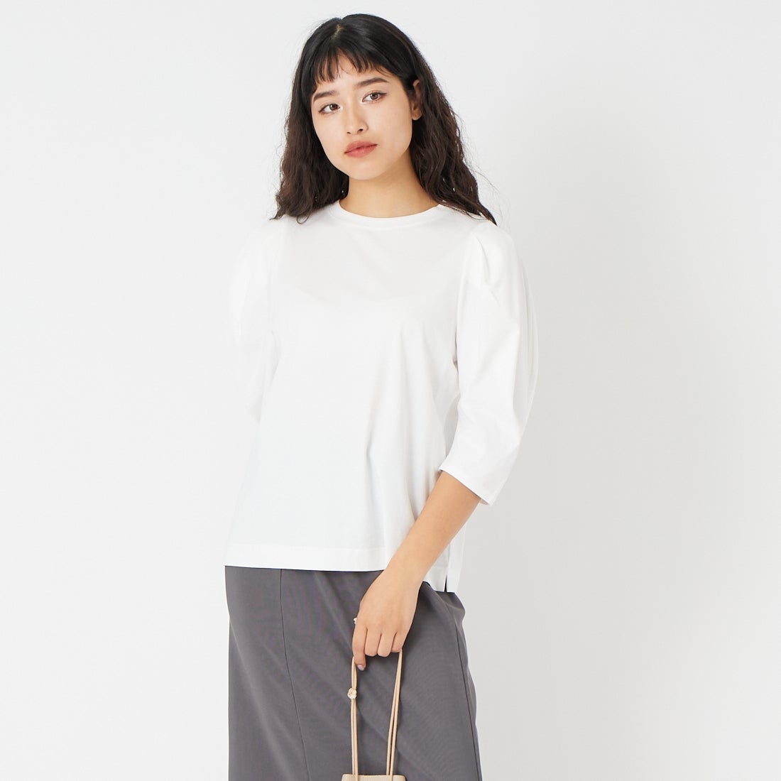 Jf Ready Made [ジェイエフレディメイド] 袖タック7分袖シルケットTシャツ [3211103] 101 ﾎﾜｲﾄ &&モデル身長：162cm 着用サイズ：F&&