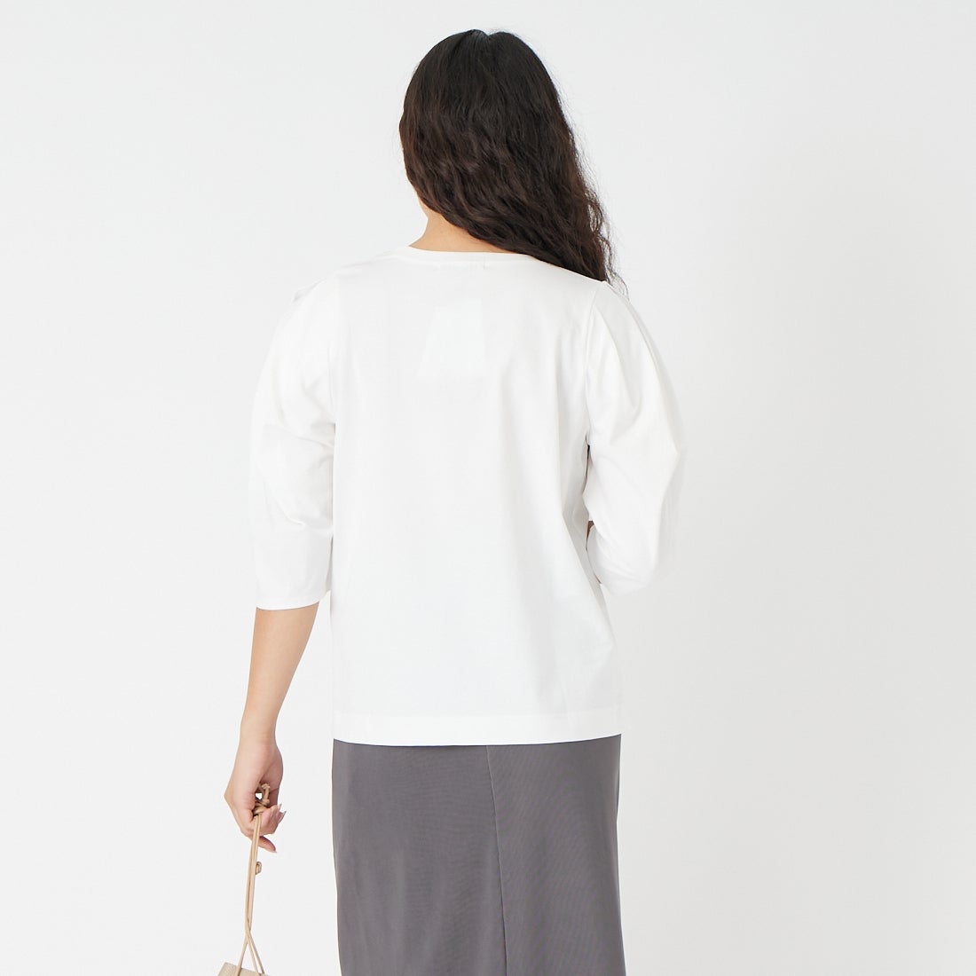 Jf Ready Made [ジェイエフレディメイド] 袖タック7分袖シルケットTシャツ [3211103] 101 ﾎﾜｲﾄ &&モデル身長：162cm 着用サイズ：F&&