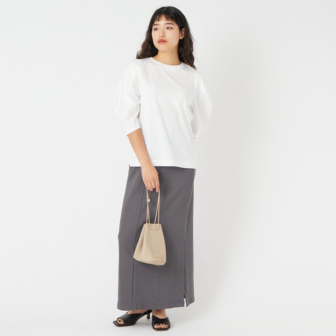 Jf Ready Made [ジェイエフレディメイド] 袖タック7分袖シルケットTシャツ [3211103] 101 ﾎﾜｲﾄ &&モデル身長：162cm 着用サイズ：F&&