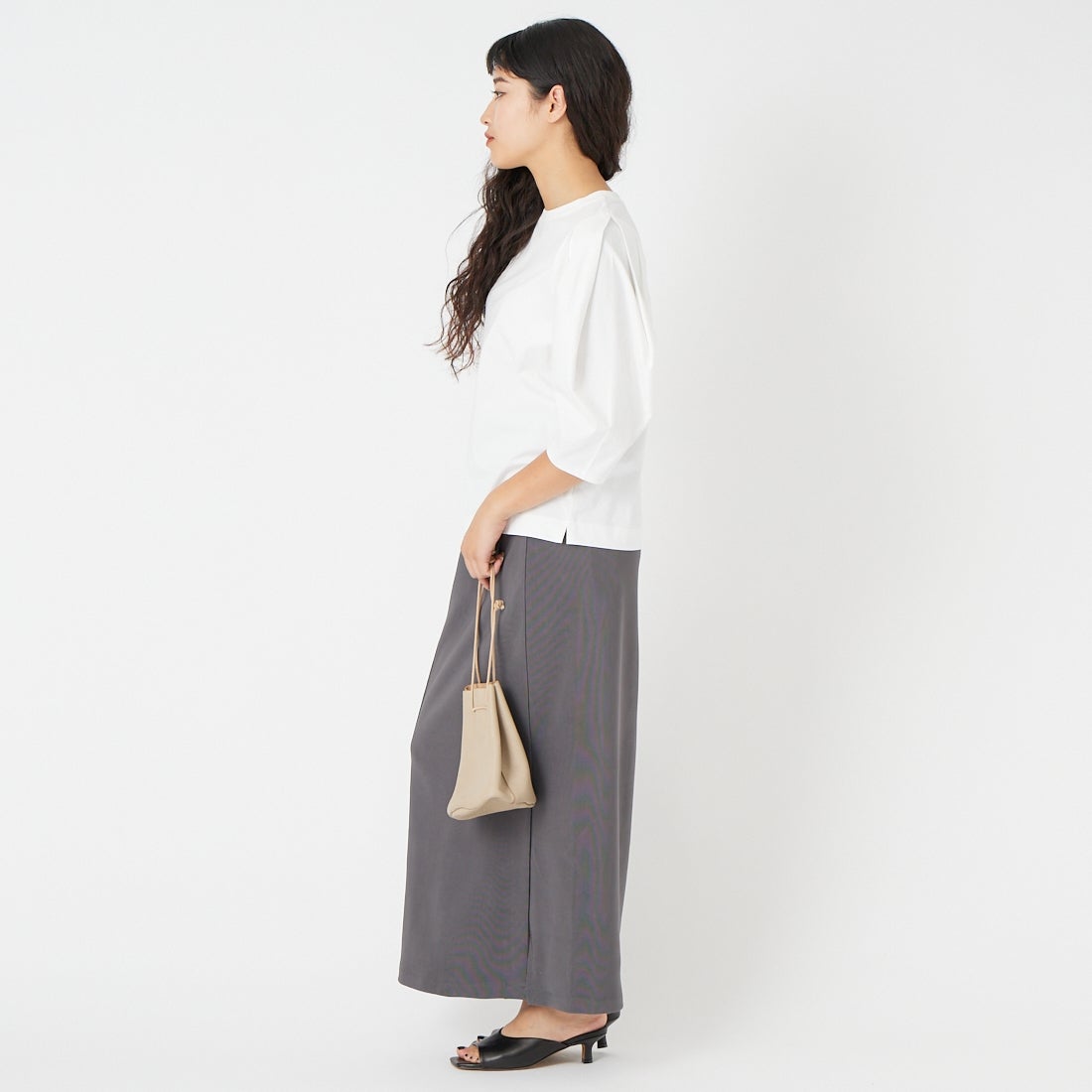 Jf Ready Made [ジェイエフレディメイド] 袖タック7分袖シルケットTシャツ [3211103] 101 ﾎﾜｲﾄ &&モデル身長：162cm 着用サイズ：F&&