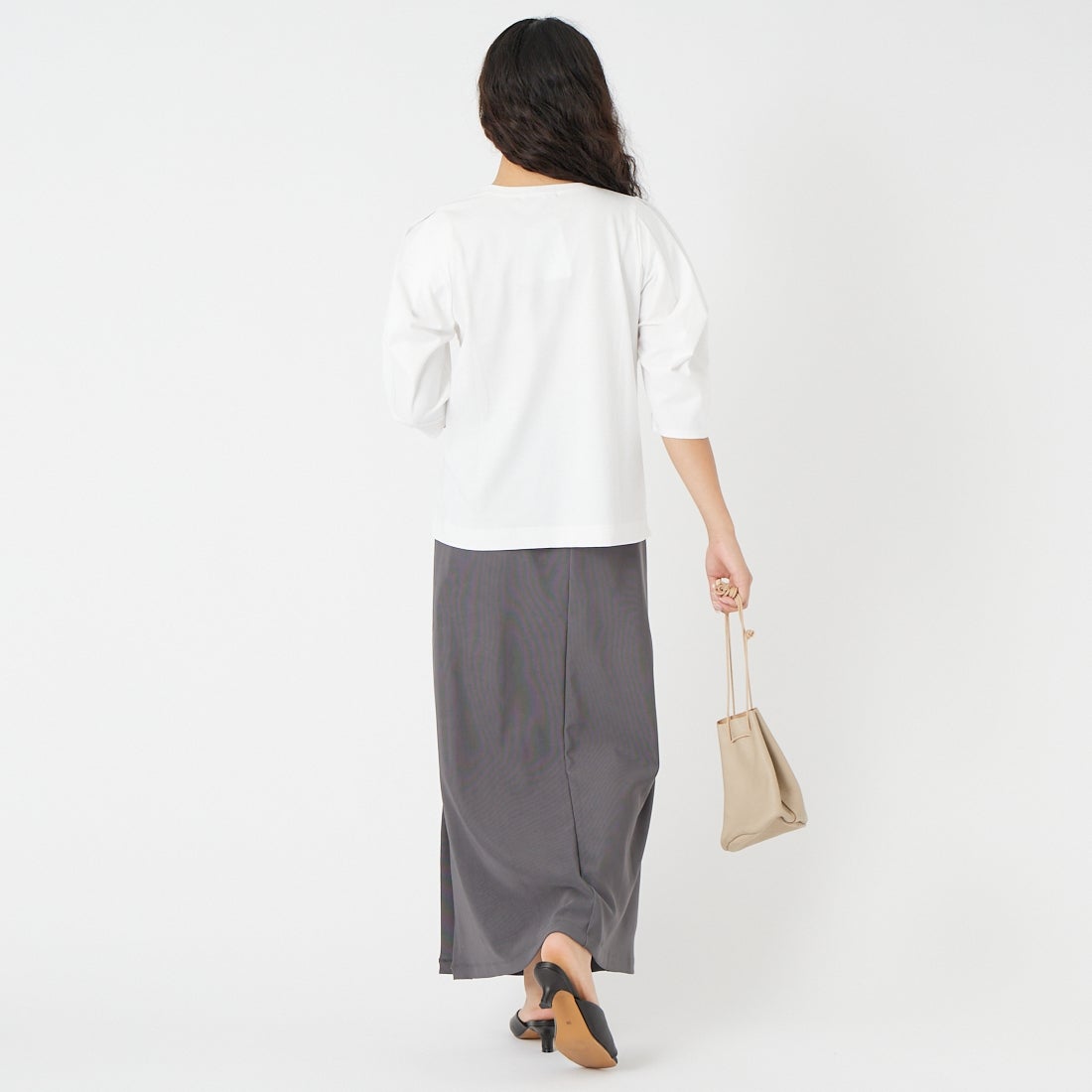 Jf Ready Made [ジェイエフレディメイド] 袖タック7分袖シルケットTシャツ [3211103] 101 ﾎﾜｲﾄ &&モデル身長：162cm 着用サイズ：F&&