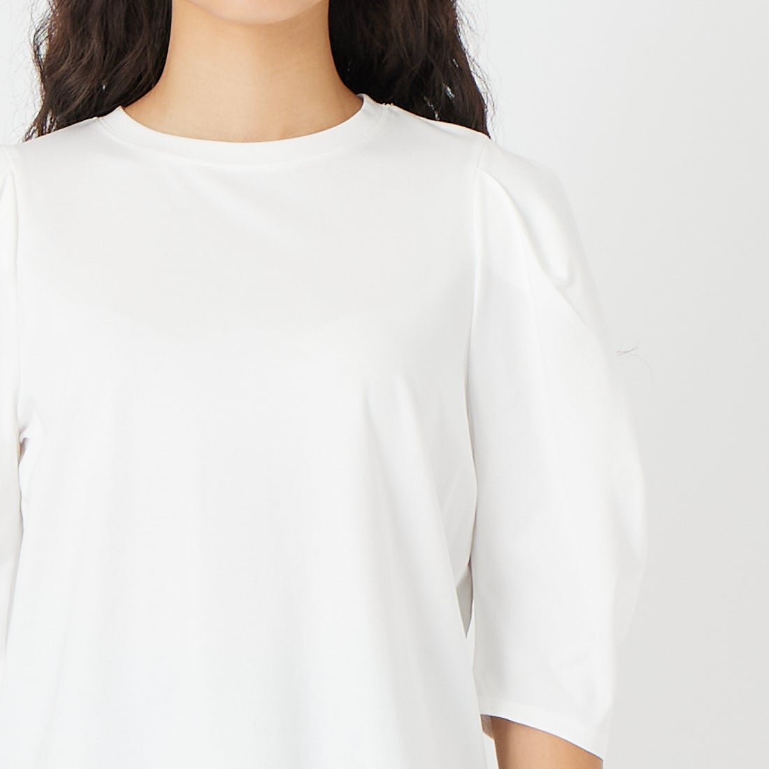 Jf Ready Made [ジェイエフレディメイド] 袖タック7分袖シルケットTシャツ [3211103] 101 ﾎﾜｲﾄ &&モデル身長：162cm 着用サイズ：F&&