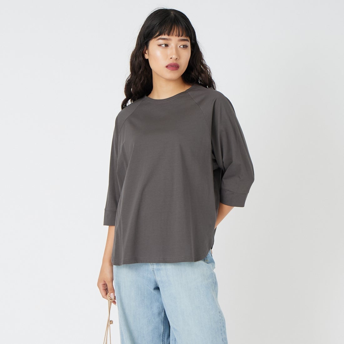 Jf Ready Made [ジェイエフレディメイド] シルケット天竺ラグラン7分袖Tシャツ [3211106] 802 ﾁｬｺｰﾙ &&モデル身長：162cm 着用サイズ：F&&