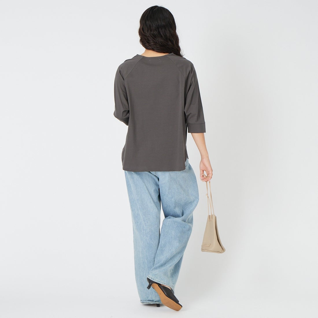 Jf Ready Made [ジェイエフレディメイド] シルケット天竺ラグラン7分袖Tシャツ [3211106] 802 ﾁｬｺｰﾙ &&モデル身長：162cm 着用サイズ：F&&