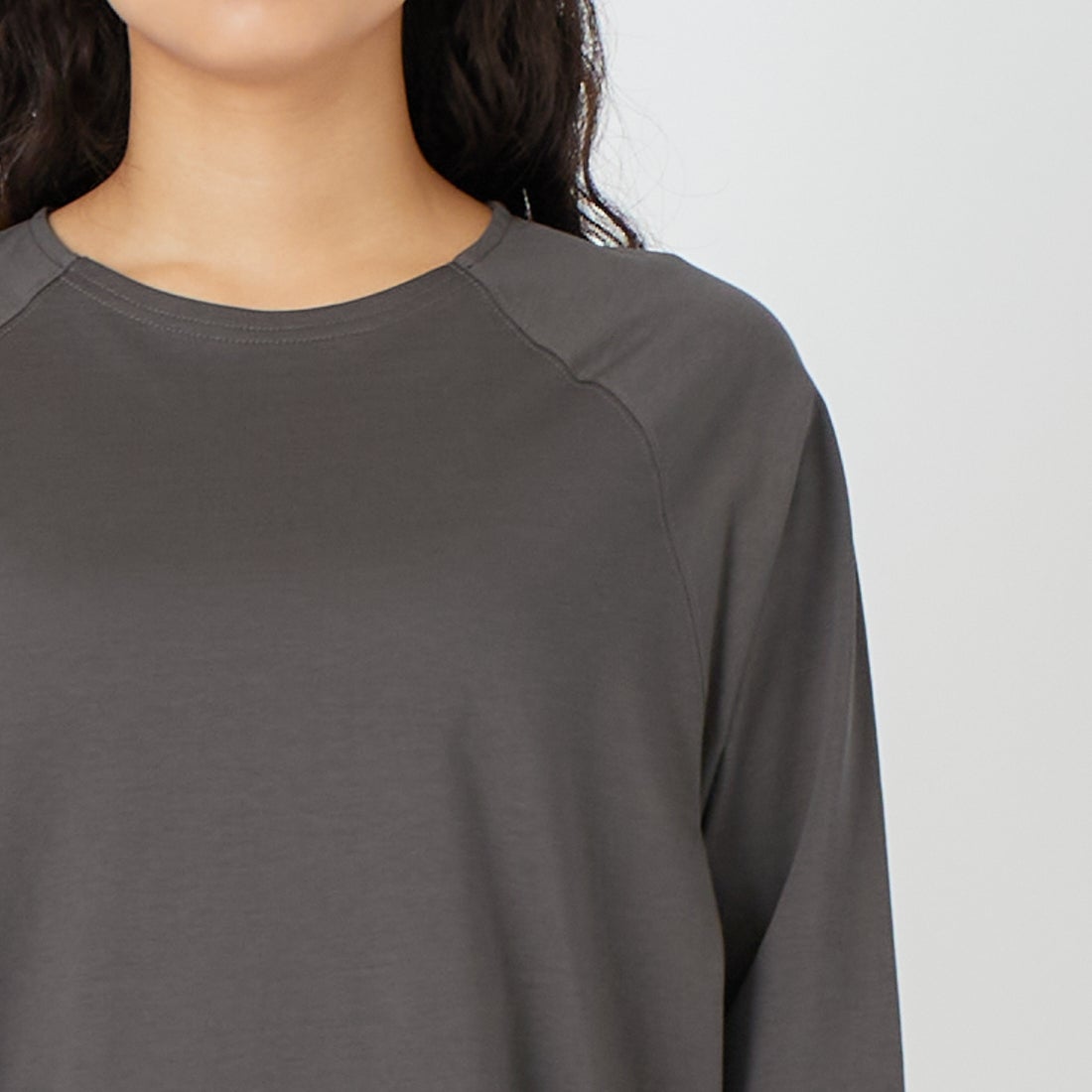 Jf Ready Made [ジェイエフレディメイド] シルケット天竺ラグラン7分袖Tシャツ [3211106] 802 ﾁｬｺｰﾙ &&モデル身長：162cm 着用サイズ：F&&