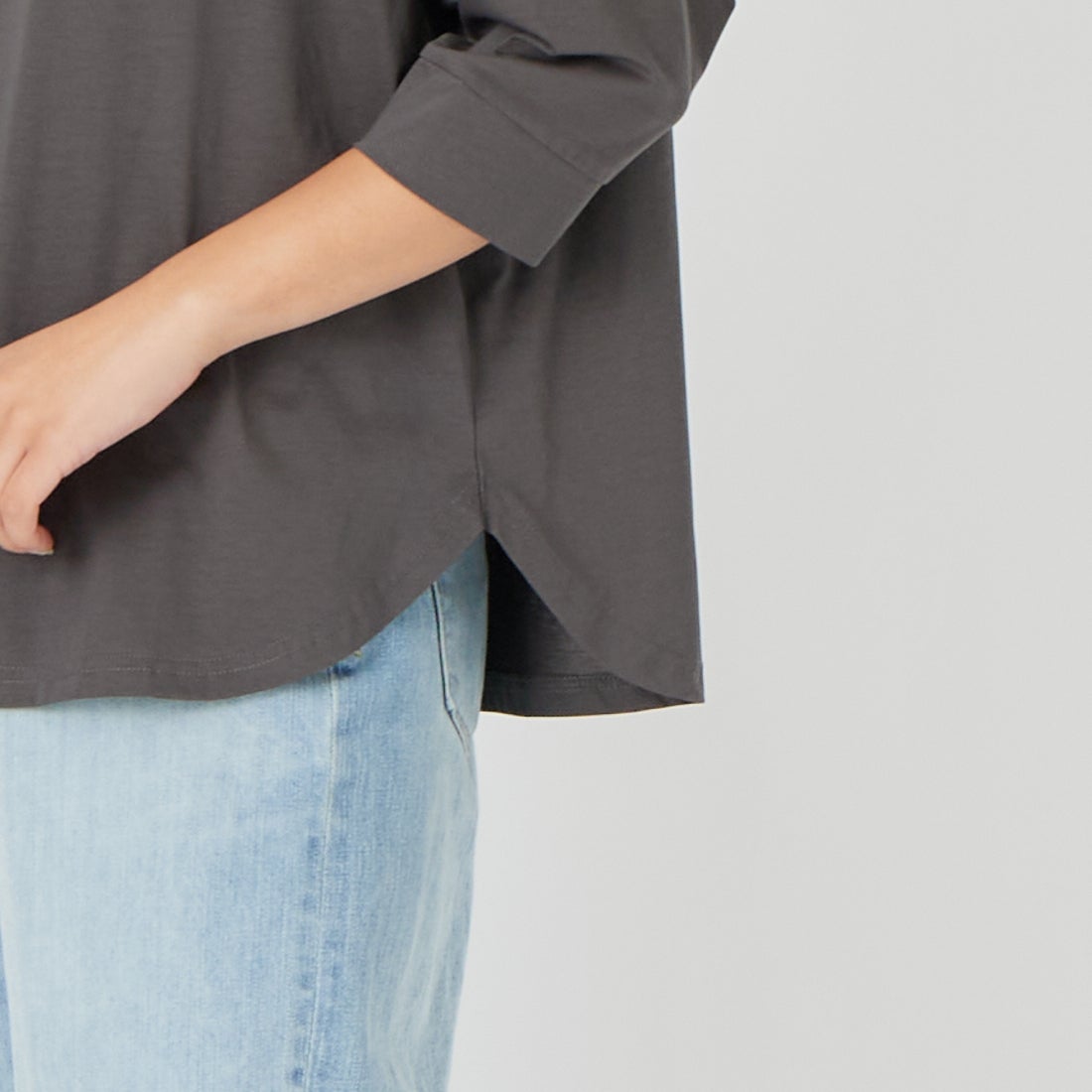 Jf Ready Made [ジェイエフレディメイド] シルケット天竺ラグラン7分袖Tシャツ [3211106] 802 ﾁｬｺｰﾙ &&モデル身長：162cm 着用サイズ：F&&