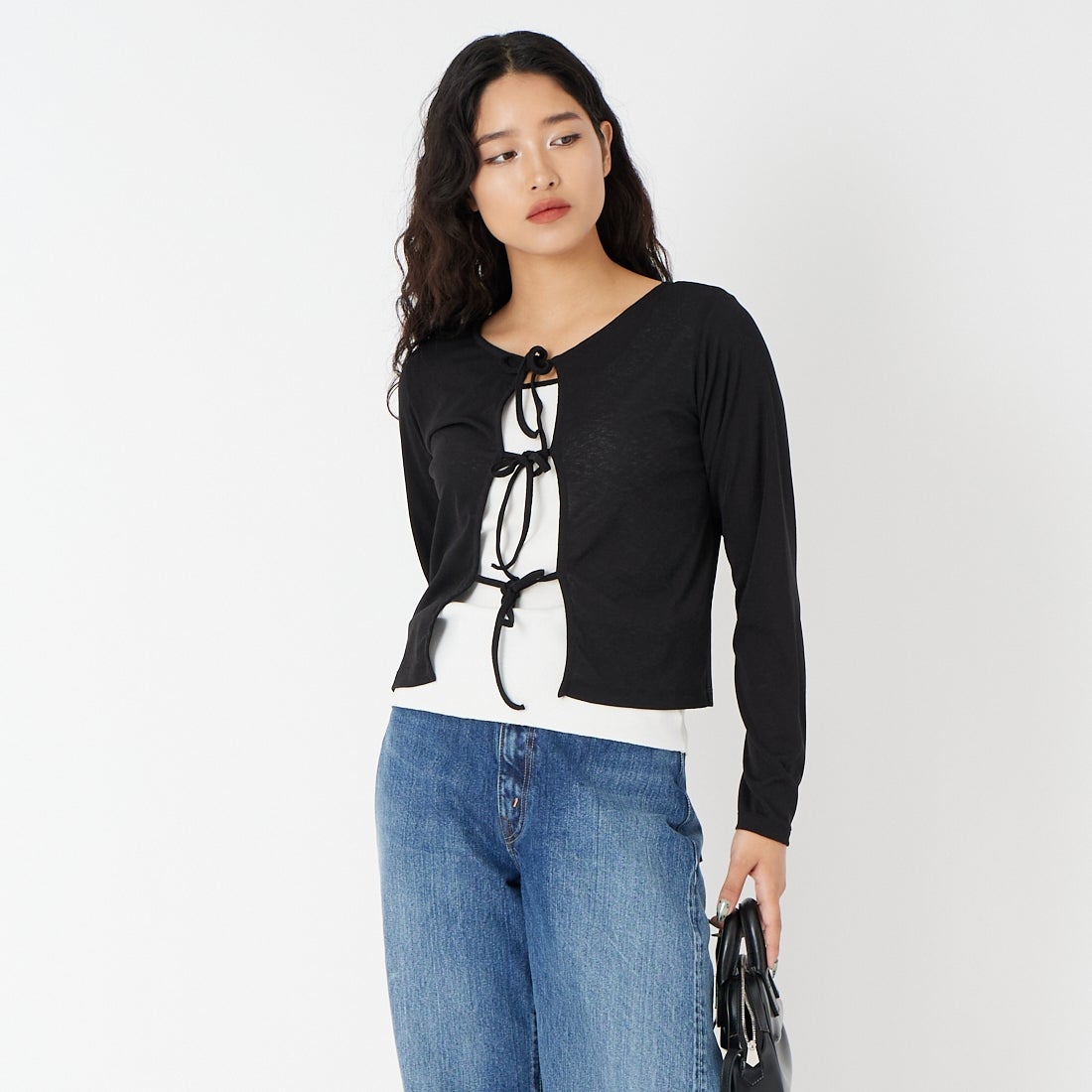 Jf Ready Made [ジェイエフレディメイド] 強撚フライス2WAYカーディガン [3211101] 801 ﾌﾞﾗｯｸ &&モデル身長：162cm 着用サイズ：F&&