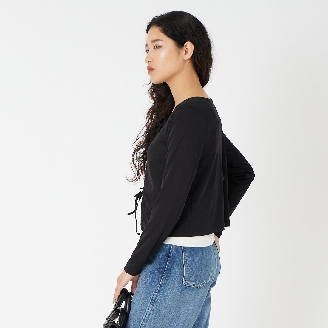 Jf Ready Made [ジェイエフレディメイド] 強撚フライス2WAYカーディガン [3211101] 801 ﾌﾞﾗｯｸ &&モデル身長：162cm 着用サイズ：F&&