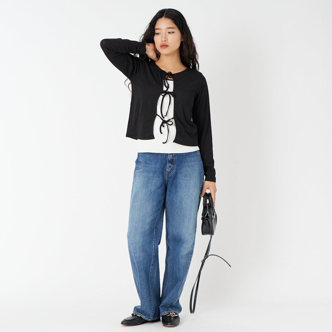 Jf Ready Made [ジェイエフレディメイド] 強撚フライス2WAYカーディガン [3211101] 801 ﾌﾞﾗｯｸ &&モデル身長：162cm 着用サイズ：F&&