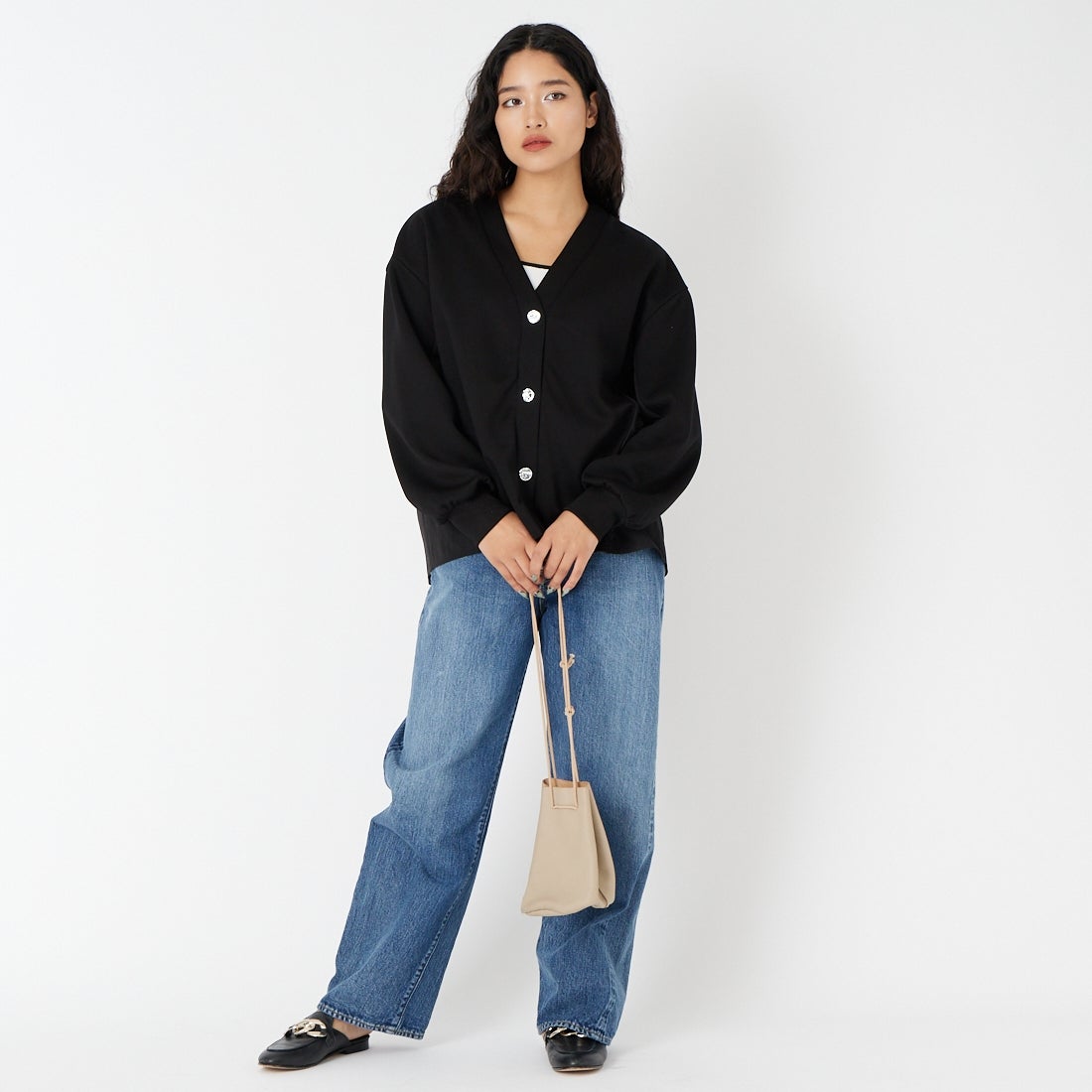 Jf Ready Made [ジェイエフレディメイド] ダンボール切替カーディガン [8560316-02] 03 ﾌﾞﾗｯｸ &&モデル身長：162cm 着用サイズ：F&&