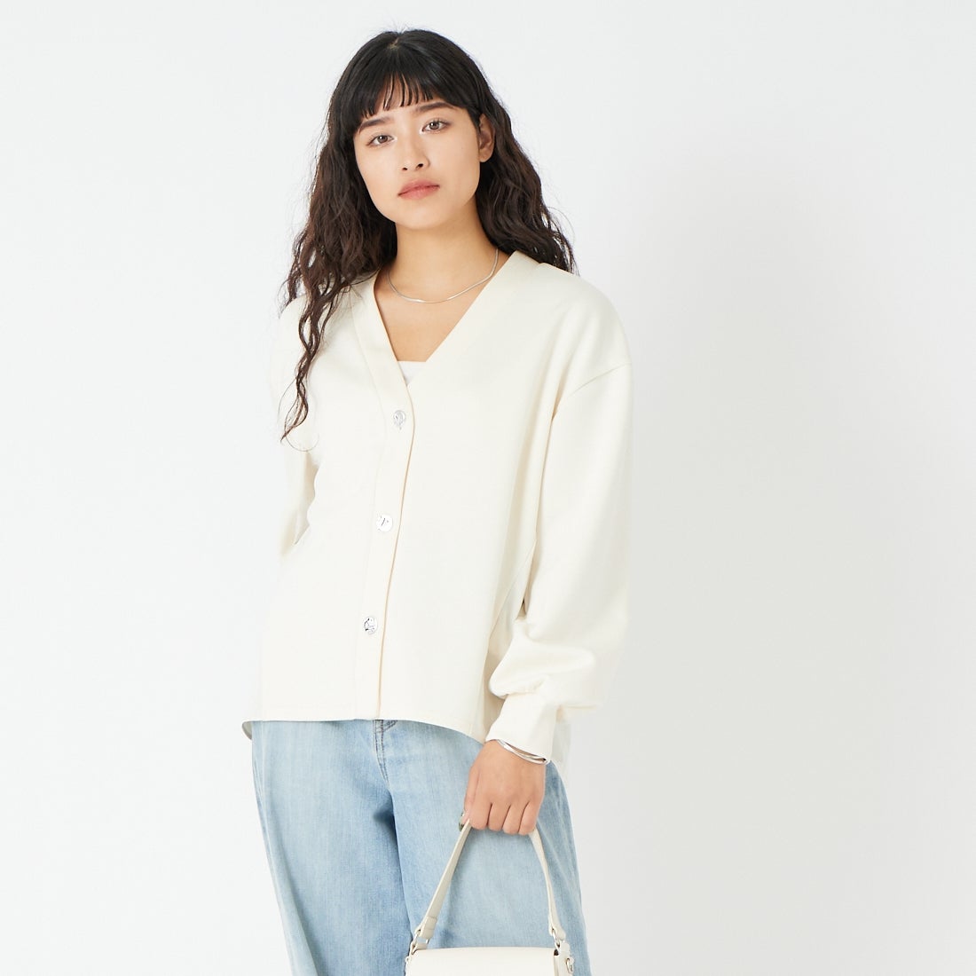 Jf Ready Made [ジェイエフレディメイド] ダンボール切替カーディガン [8560316-02] 59 ｱｲﾎﾞﾘｰ &&モデル身長：162cm 着用サイズ：F&&