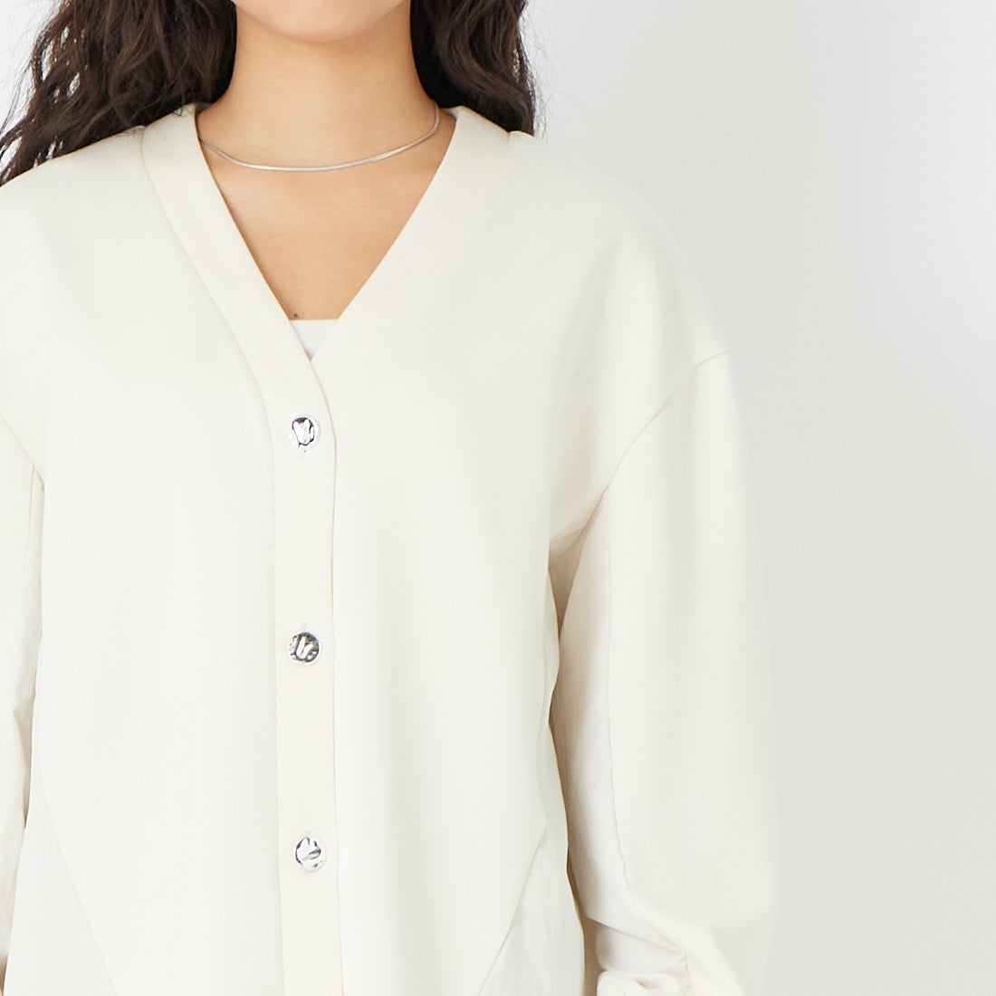 Jf Ready Made [ジェイエフレディメイド] ダンボール切替カーディガン [8560316-02] 59 ｱｲﾎﾞﾘｰ &&モデル身長：162cm 着用サイズ：F&&