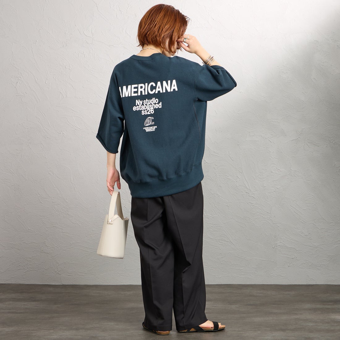 Americana [アメリカーナ] カットオフリバースウィーブスウェット [BRF-802A-2] ｽﾐｸﾛ &&モデル身長：158cm 着用サイズ：ONE SIZE&&