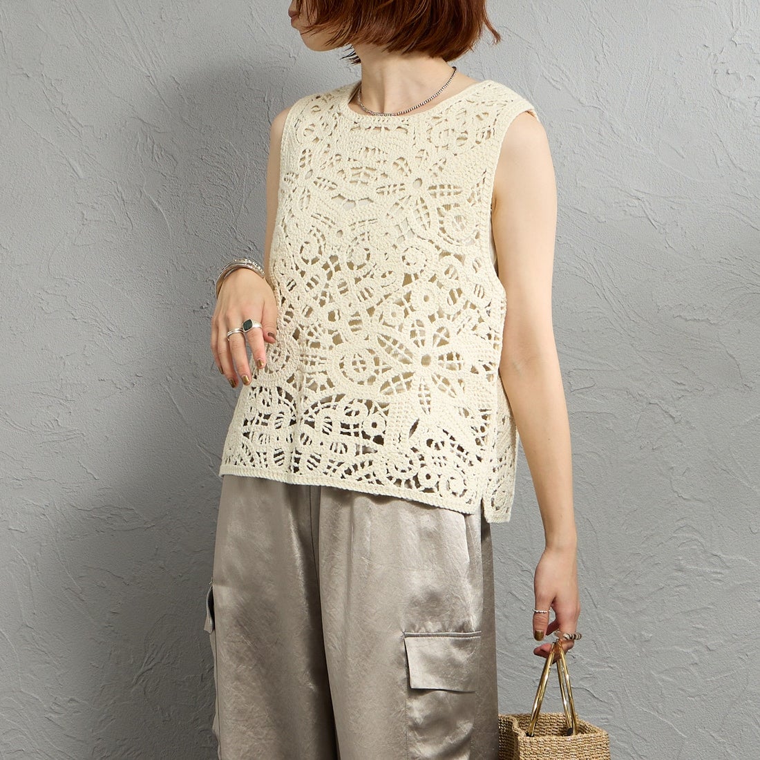 MARMARMAR [マーマーマー] レース編みベスト [2-820011] 12 IVORY &&モデル身長：158cm 着用サイズ：F&&