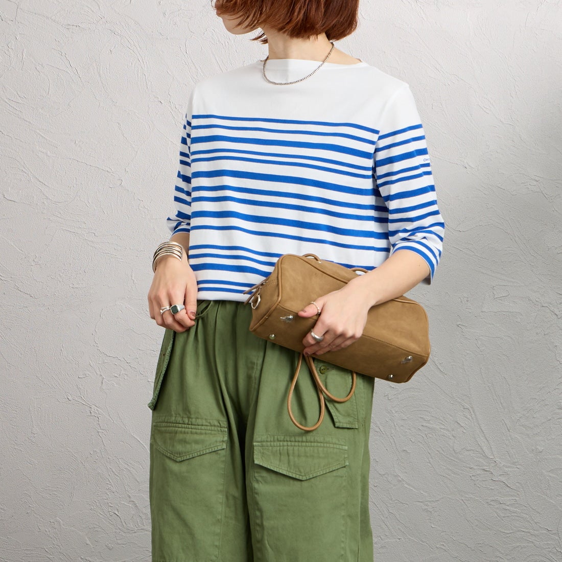 ORCIVAL [オーシバル] ボートネック5分袖プルオーバー [OR-C0136LOB] WHITE/BLUE &&モデル身長：158cm 着用サイズ：2&&