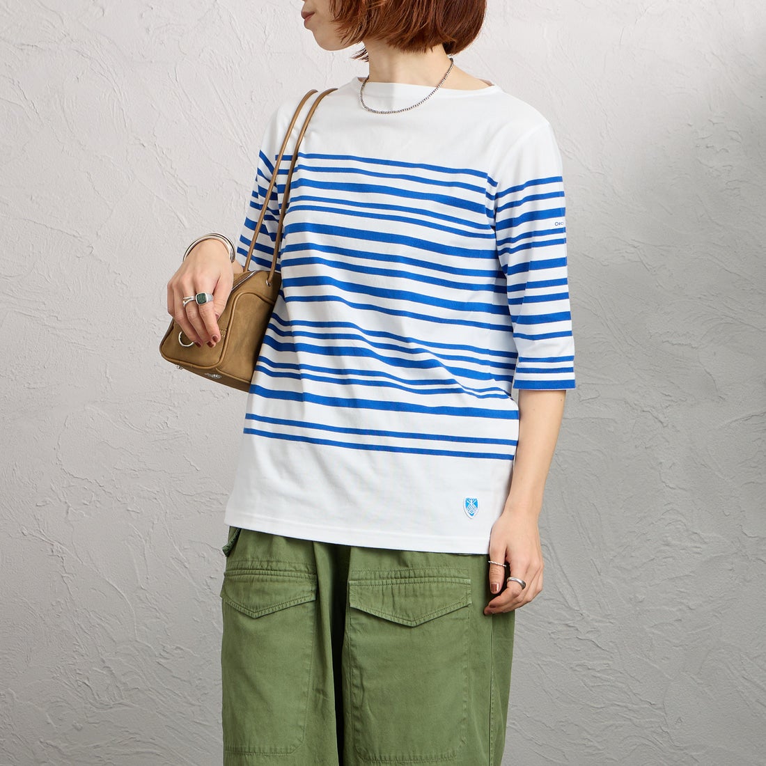 ORCIVAL [オーシバル] ボートネック5分袖プルオーバー [OR-C0136LOB] WHITE/BLUE &&モデル身長：158cm 着用サイズ：2&&