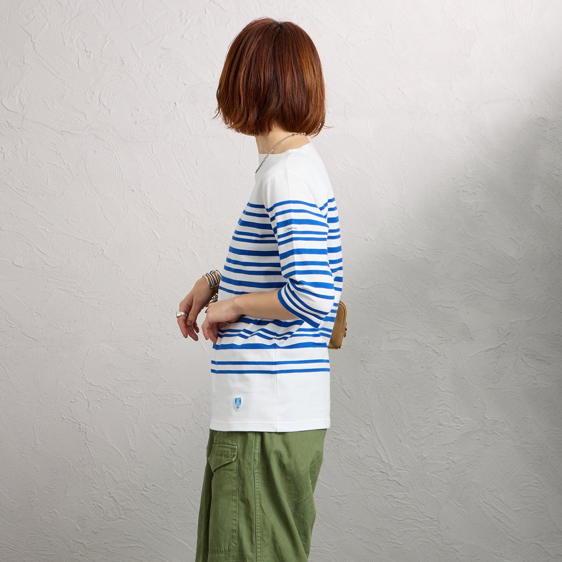 ORCIVAL [オーシバル] ボートネック5分袖プルオーバー [OR-C0136LOB] WHITE/BLUE &&モデル身長：158cm 着用サイズ：2&&