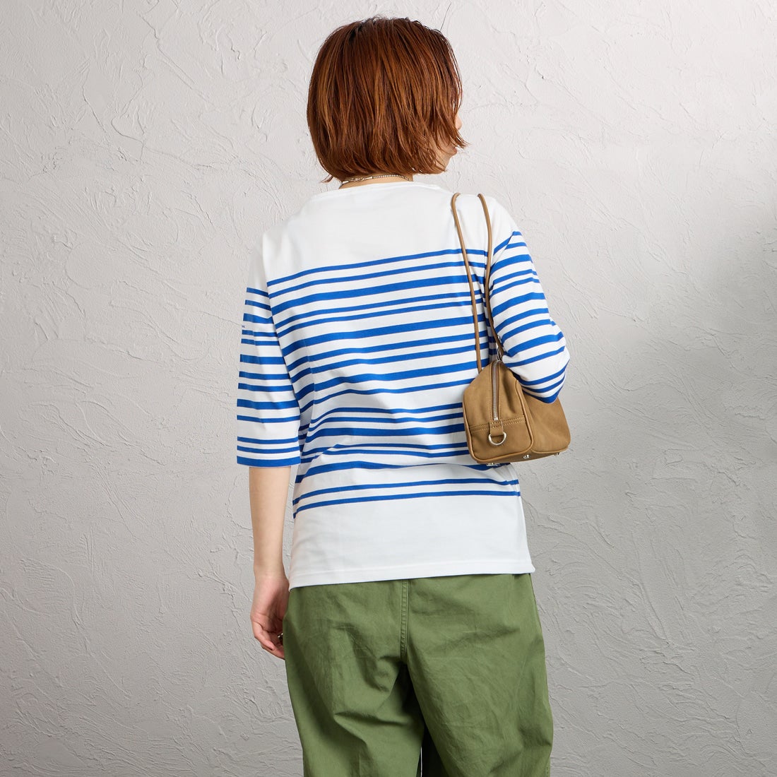 ORCIVAL [オーシバル] ボートネック5分袖プルオーバー [OR-C0136LOB] WHITE/BLUE &&モデル身長：158cm 着用サイズ：2&&