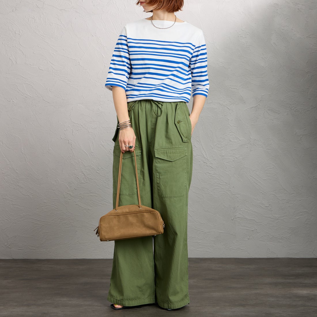 ORCIVAL [オーシバル] ボートネック5分袖プルオーバー [OR-C0136LOB] WHITE/BLUE &&モデル身長：158cm 着用サイズ：2&&