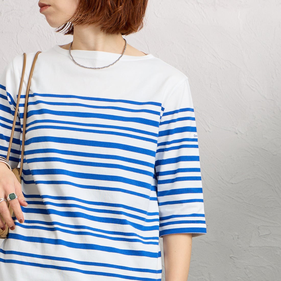 ORCIVAL [オーシバル] ボートネック5分袖プルオーバー [OR-C0136LOB] WHITE/BLUE &&モデル身長：158cm 着用サイズ：2&&