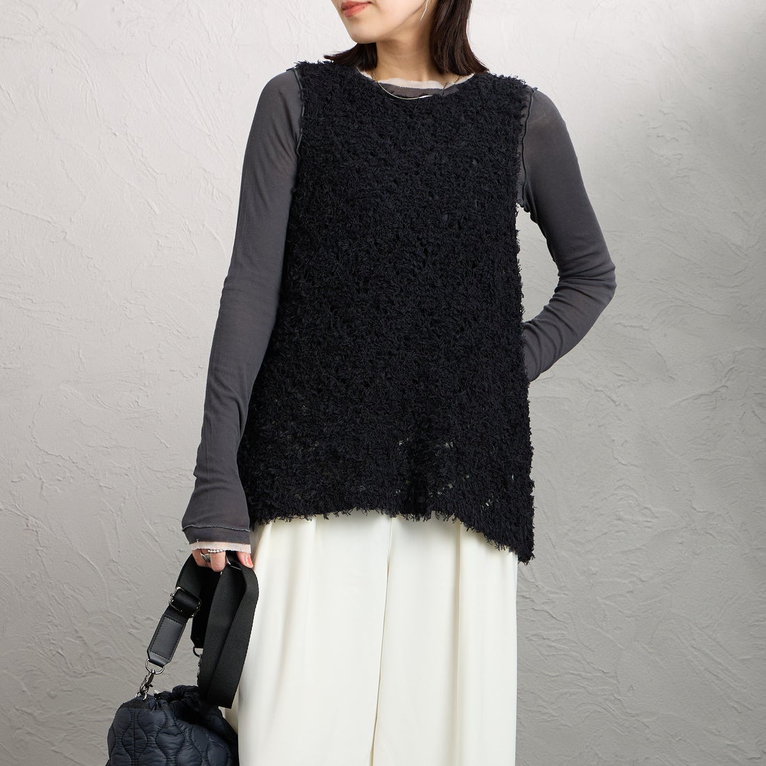 mizuiro ind [ミズイロインド] パターンベスト [1-220069] 99 BLACK &&モデル身長：160cm 着用サイズ：F&&