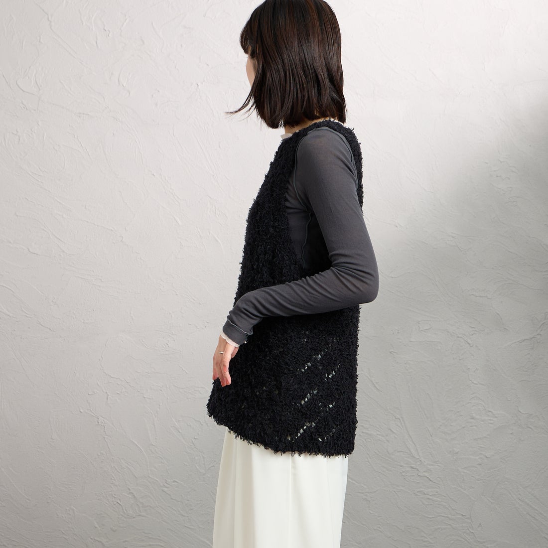 mizuiro ind [ミズイロインド] パターンベスト [1-220069] 99 BLACK &&モデル身長：160cm 着用サイズ：F&&