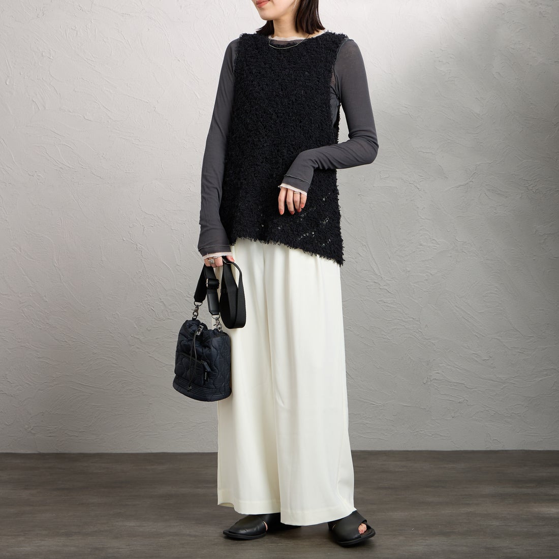 mizuiro ind [ミズイロインド] パターンベスト [1-220069] 99 BLACK &&モデル身長：160cm 着用サイズ：F&&