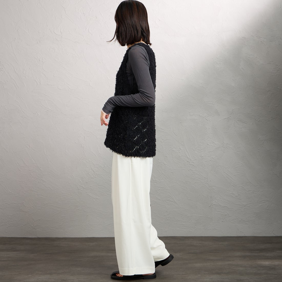 mizuiro ind [ミズイロインド] パターンベスト [1-220069] 99 BLACK &&モデル身長：160cm 着用サイズ：F&&