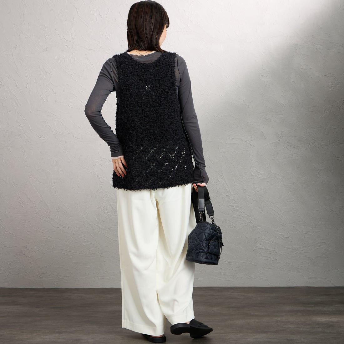 mizuiro ind [ミズイロインド] パターンベスト [1-220069] 99 BLACK &&モデル身長：160cm 着用サイズ：F&&