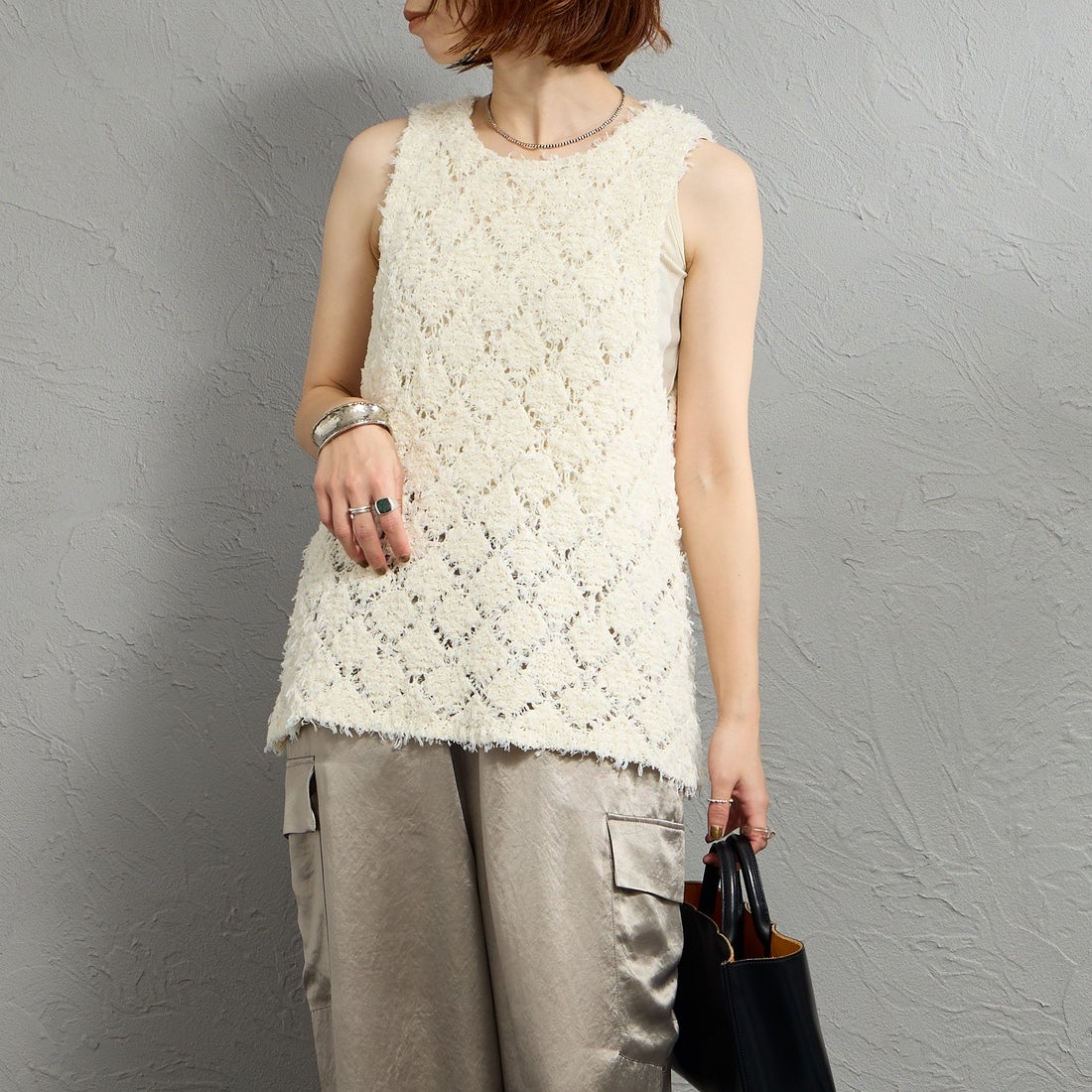 mizuiro ind [ミズイロインド] パターンベスト [1-220069] 12 IVORY &&モデル身長：158cm 着用サイズ：F&&