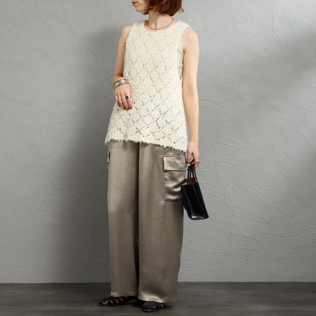 mizuiro ind [ミズイロインド] パターンベスト [1-220069] 12 IVORY &&モデル身長：158cm 着用サイズ：F&&