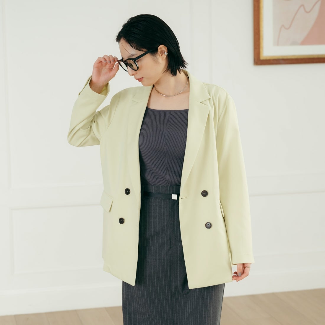 USINE [ユジーヌ] イージーケアツイルダブルジャケット [21267051] 041 ﾗｲﾑ &&モデル身長：165cm 着用サイズ：F&&