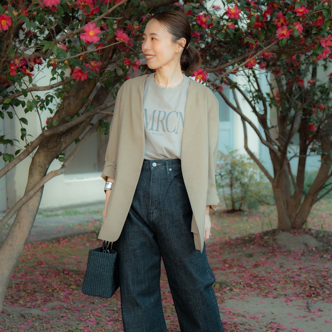 USINE [ユジーヌ] 機能素材ノーカラージャケット [21267055] 035 ﾓｶ &&モデル身長：153cm 着用サイズ：ONE SIZE&&