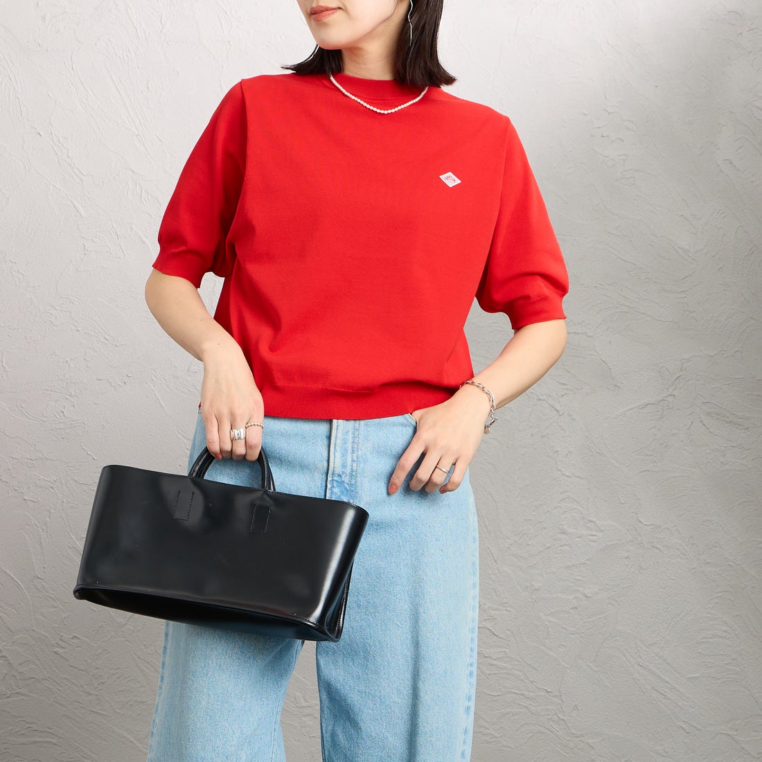 DANTON [ダントン] ハーフスリーブクルーネックニット [DT-D0135YSD] RED &&モデル身長：160cm 着用サイズ：36&&