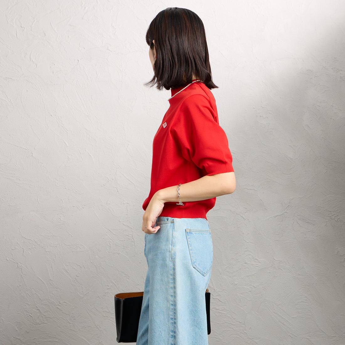 DANTON [ダントン] ハーフスリーブクルーネックニット [DT-D0135YSD] RED &&モデル身長：160cm 着用サイズ：36&&