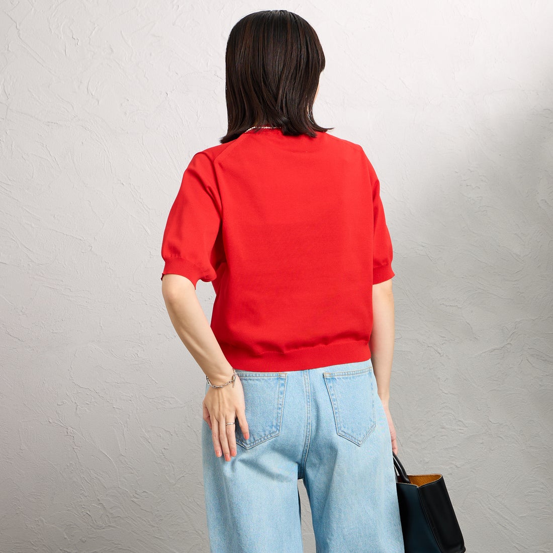 DANTON [ダントン] ハーフスリーブクルーネックニット [DT-D0135YSD] RED &&モデル身長：160cm 着用サイズ：36&&