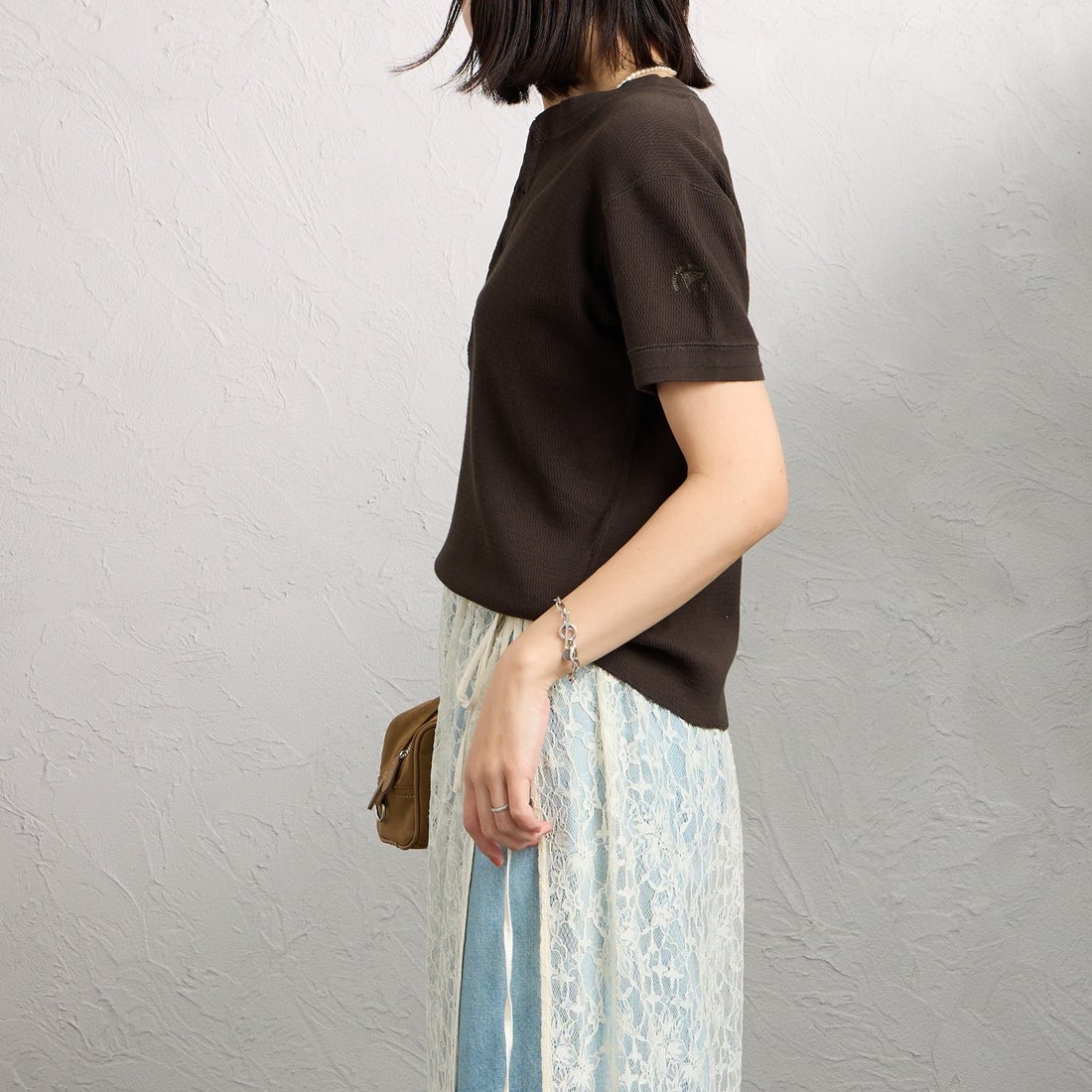 FAITH MILLS [フェイスミルズ] サーマルヘンリーネックTシャツ [FAITH-261-08] CHARCOAL &&モデル身長：160cm 着用サイズ：M&&