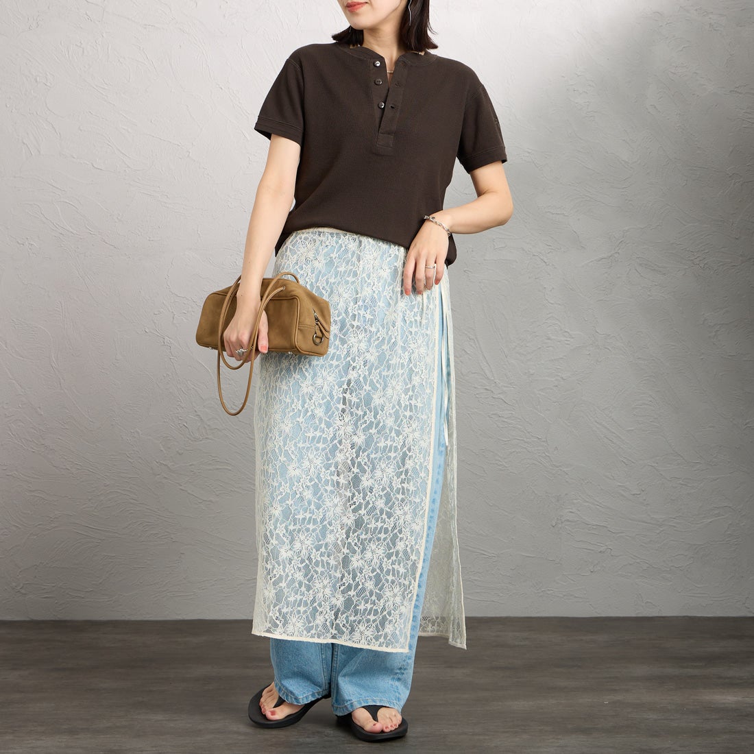 FAITH MILLS [フェイスミルズ] サーマルヘンリーネックTシャツ [FAITH-261-08] CHARCOAL &&モデル身長：160cm 着用サイズ：M&&