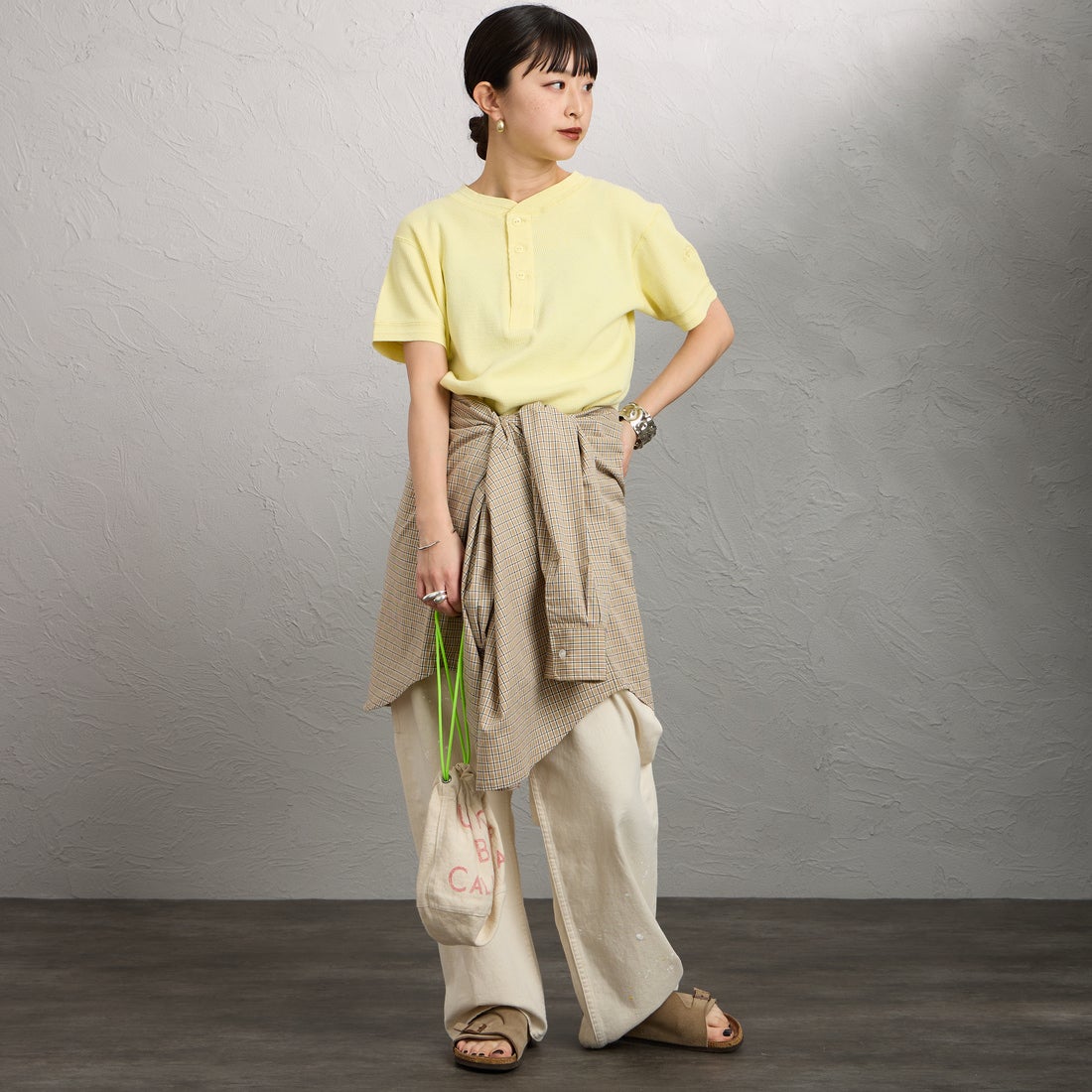 FAITH MILLS [フェイスミルズ] サーマルヘンリーネックTシャツ [FAITH-261-08] LEMON &&モデル身長：150cm 着用サイズ：M&&