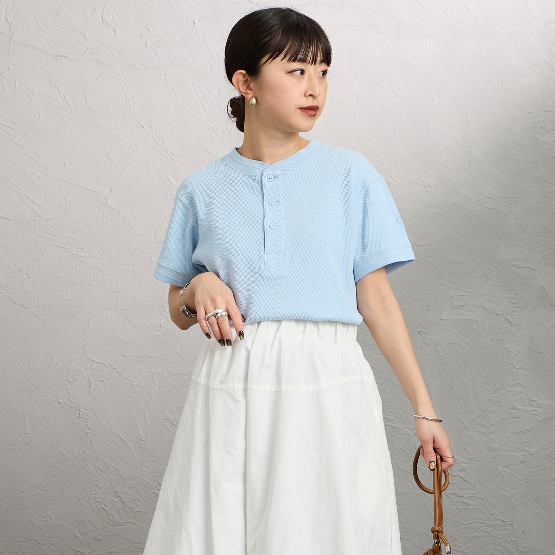 FAITH MILLS [フェイスミルズ] サーマルヘンリーネックTシャツ [FAITH-261-08] SAX &&モデル身長：150cm 着用サイズ：M&&