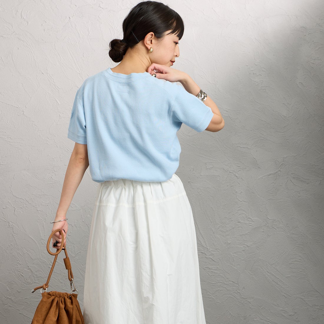 FAITH MILLS [フェイスミルズ] サーマルヘンリーネックTシャツ [FAITH-261-08] SAX &&モデル身長：150cm 着用サイズ：M&&