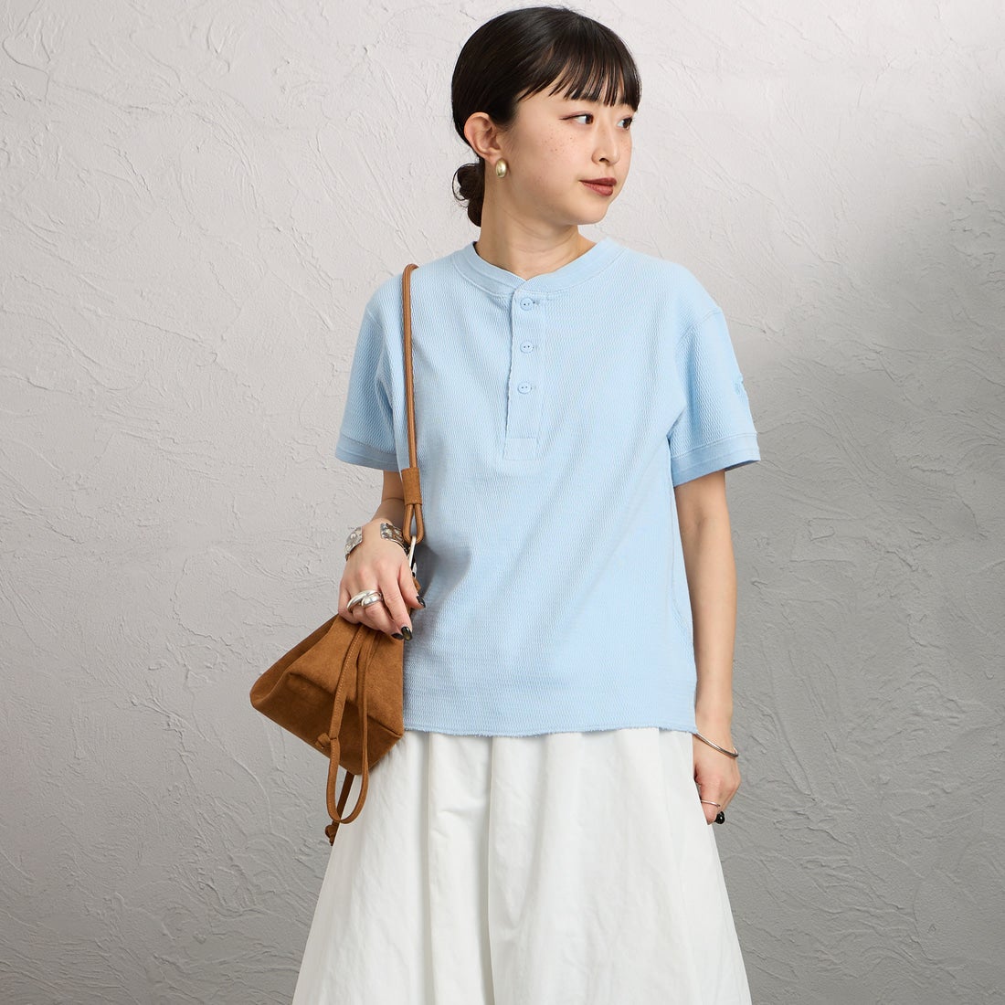 FAITH MILLS [フェイスミルズ] サーマルヘンリーネックTシャツ [FAITH-261-08] SAX &&モデル身長：150cm 着用サイズ：M&&