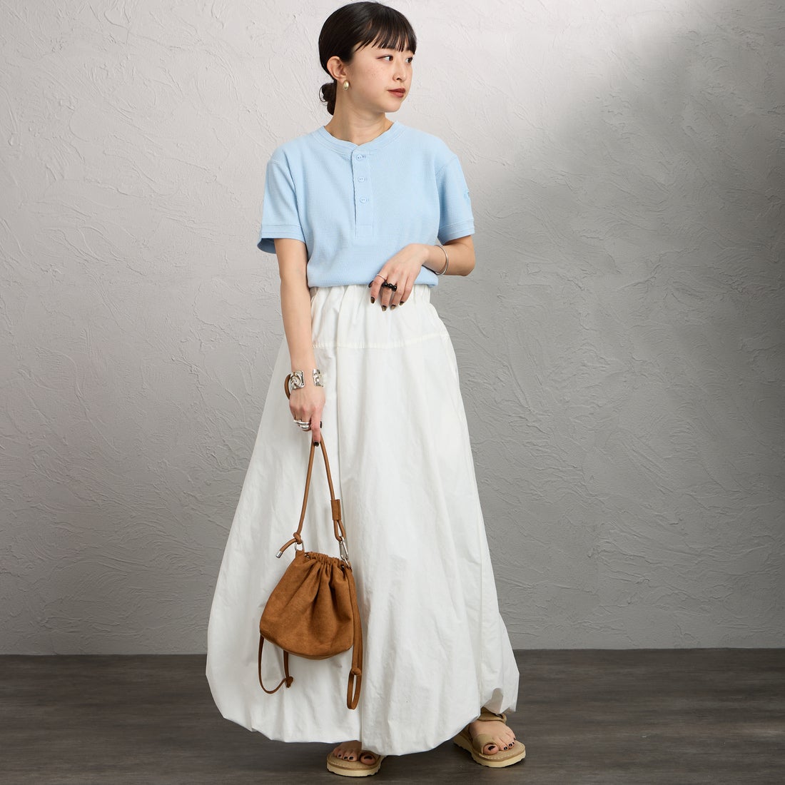 FAITH MILLS [フェイスミルズ] サーマルヘンリーネックTシャツ [FAITH-261-08] SAX &&モデル身長：150cm 着用サイズ：M&&