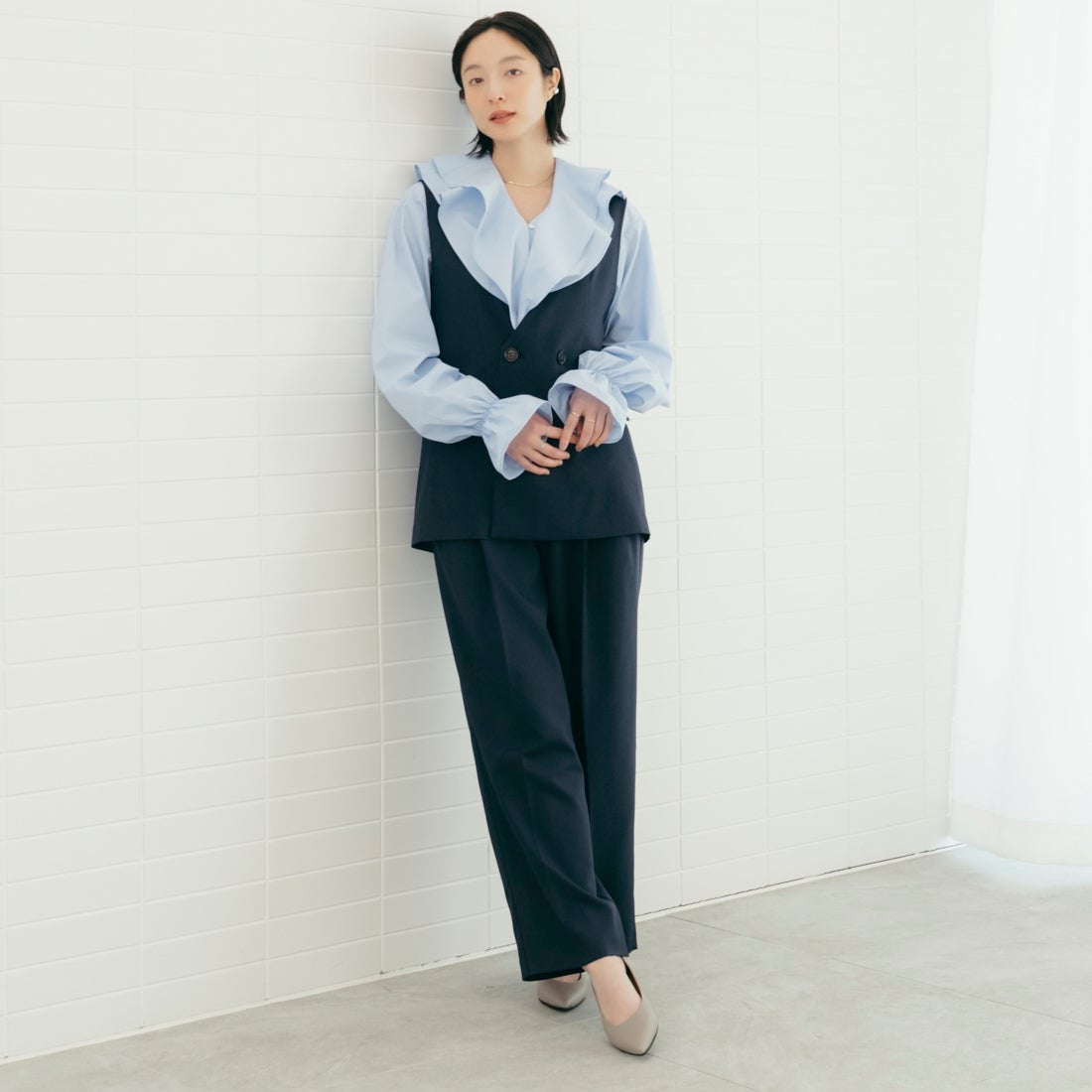 USINE [ユジーヌ] イージーケアツイル 2タックワイドパンツ [21267053] 076 ﾈｲﾋﾞｰ &&モデル身長：165cm 着用サイズ：36&&