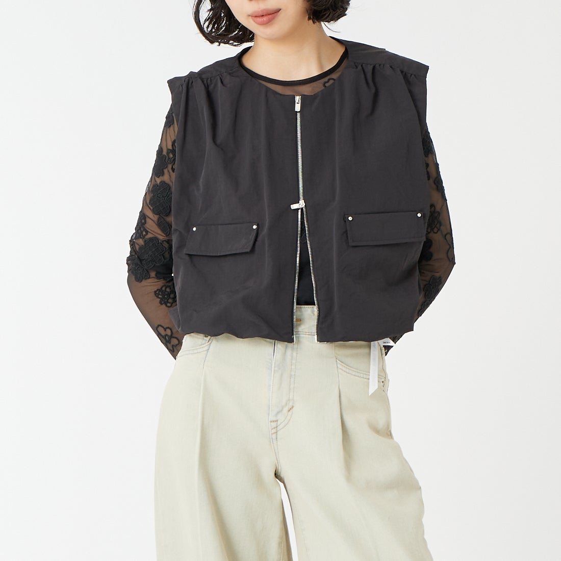 Jf Ready Made [ジェイエフレディメイド] バルーンジップベスト [293-33208] ﾌﾞﾗｯｸ &&モデル身長：162cm 着用サイズ：F&&