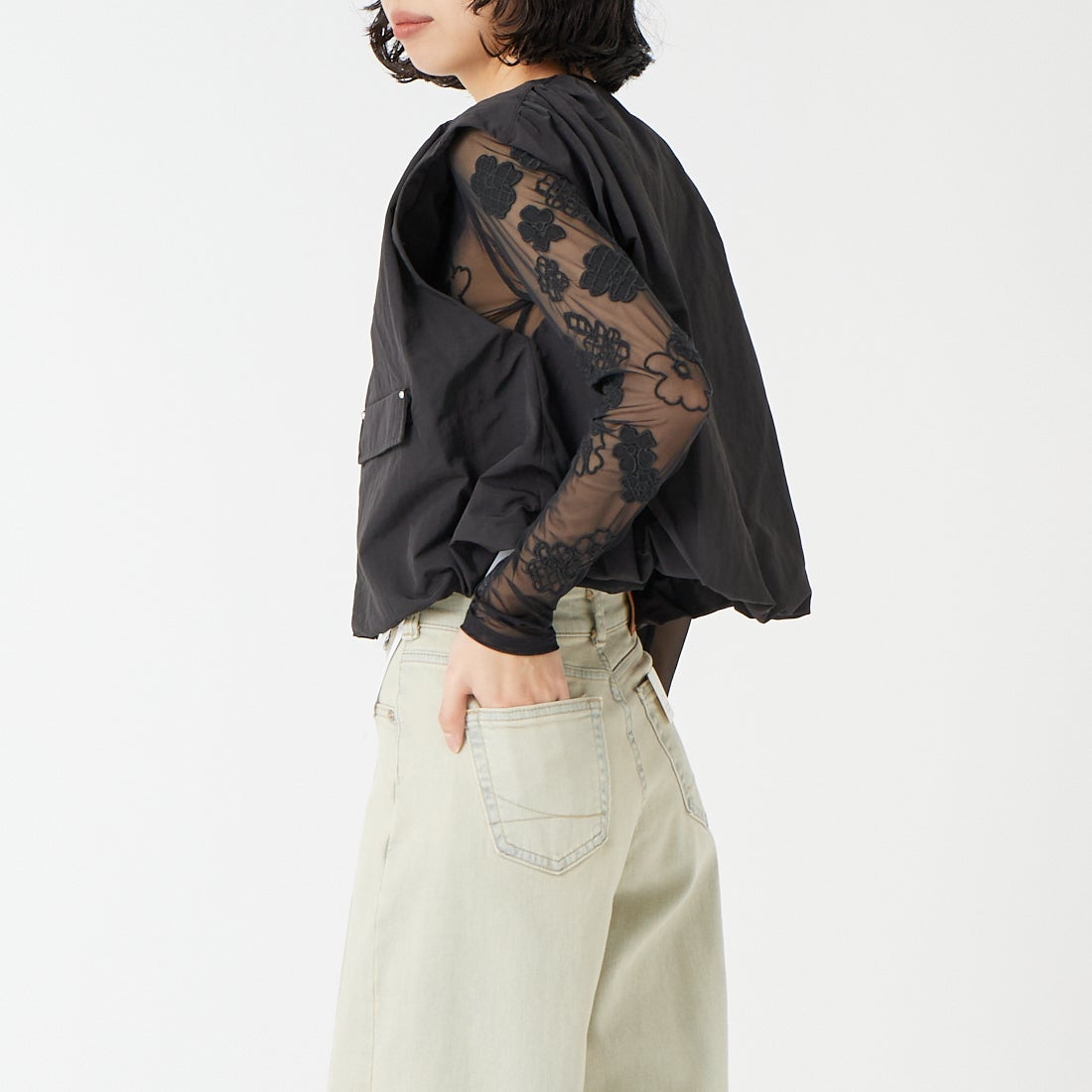 Jf Ready Made [ジェイエフレディメイド] バルーンジップベスト [293-33208] ﾌﾞﾗｯｸ &&モデル身長：162cm 着用サイズ：F&&