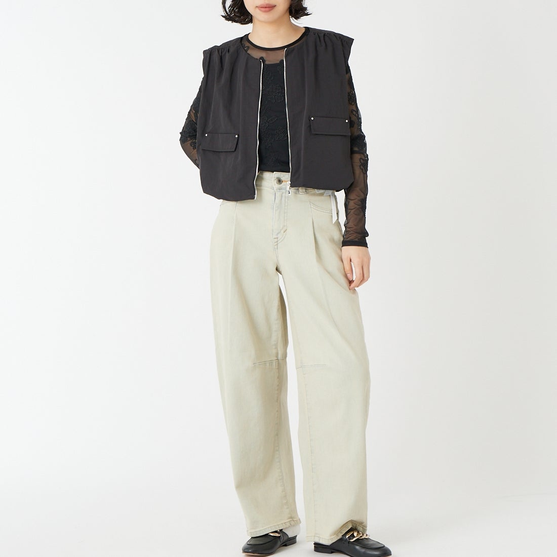 Jf Ready Made [ジェイエフレディメイド] バルーンジップベスト [293-33208] ﾌﾞﾗｯｸ &&モデル身長：162cm 着用サイズ：F&&