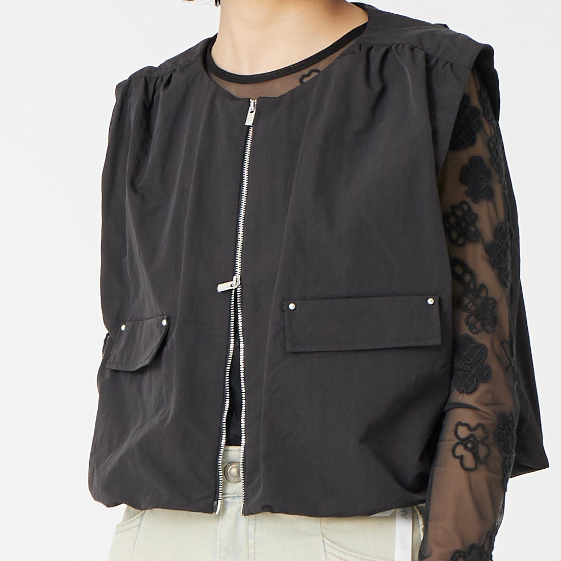 Jf Ready Made [ジェイエフレディメイド] バルーンジップベスト [293-33208] ﾌﾞﾗｯｸ &&モデル身長：162cm 着用サイズ：F&&