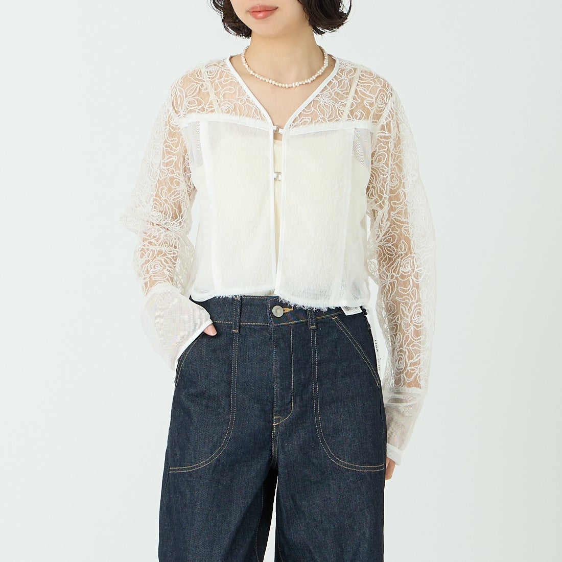 &g'aime [アンジェム] レースフリンジボレロ [293-68703] ﾎﾜｲﾄ &&モデル身長：162cm 着用サイズ：F&&